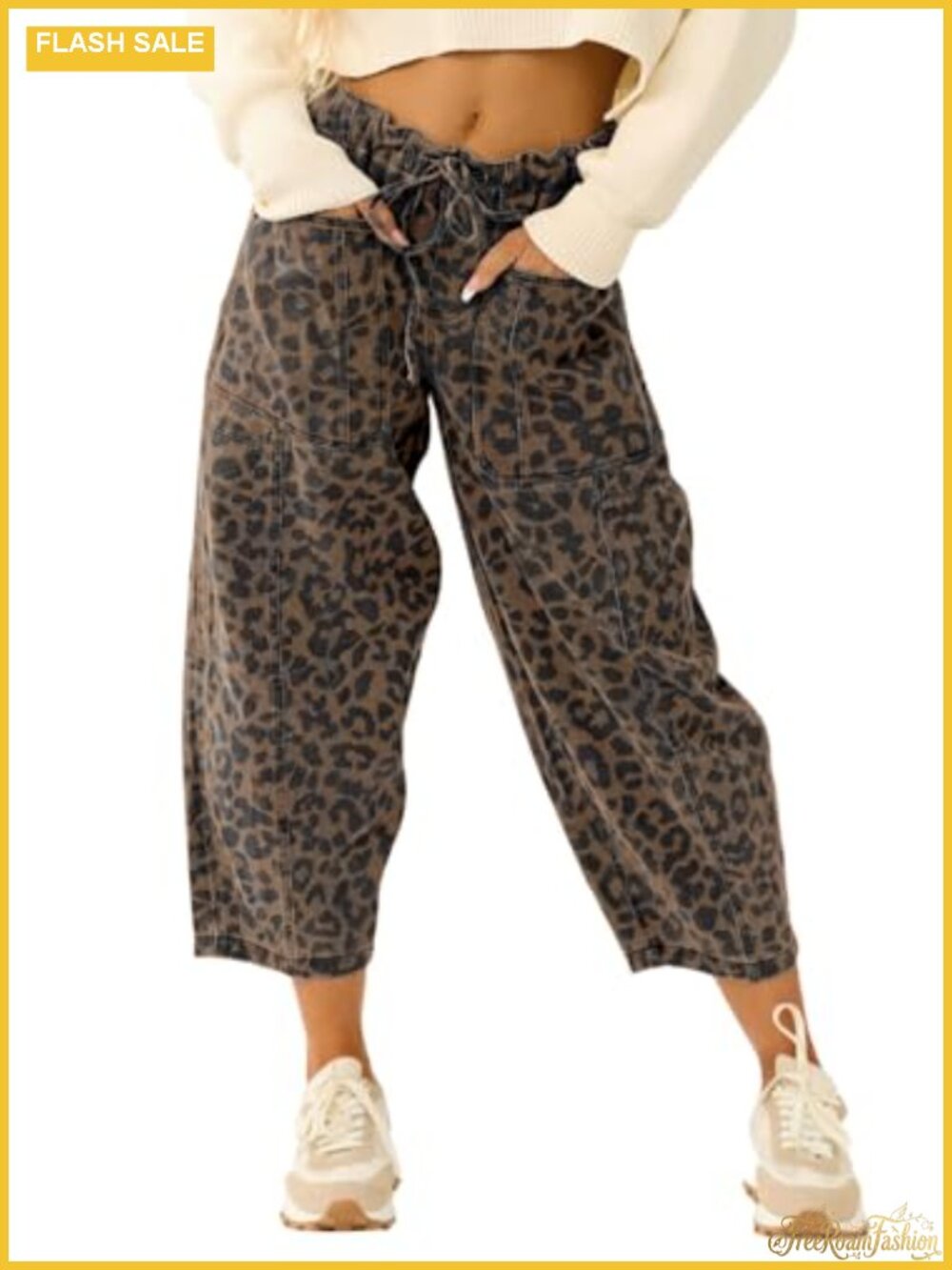 Leopard Print Cropped Barrel Jeans Wide Leg Harem Pants Elastic Waist Denim